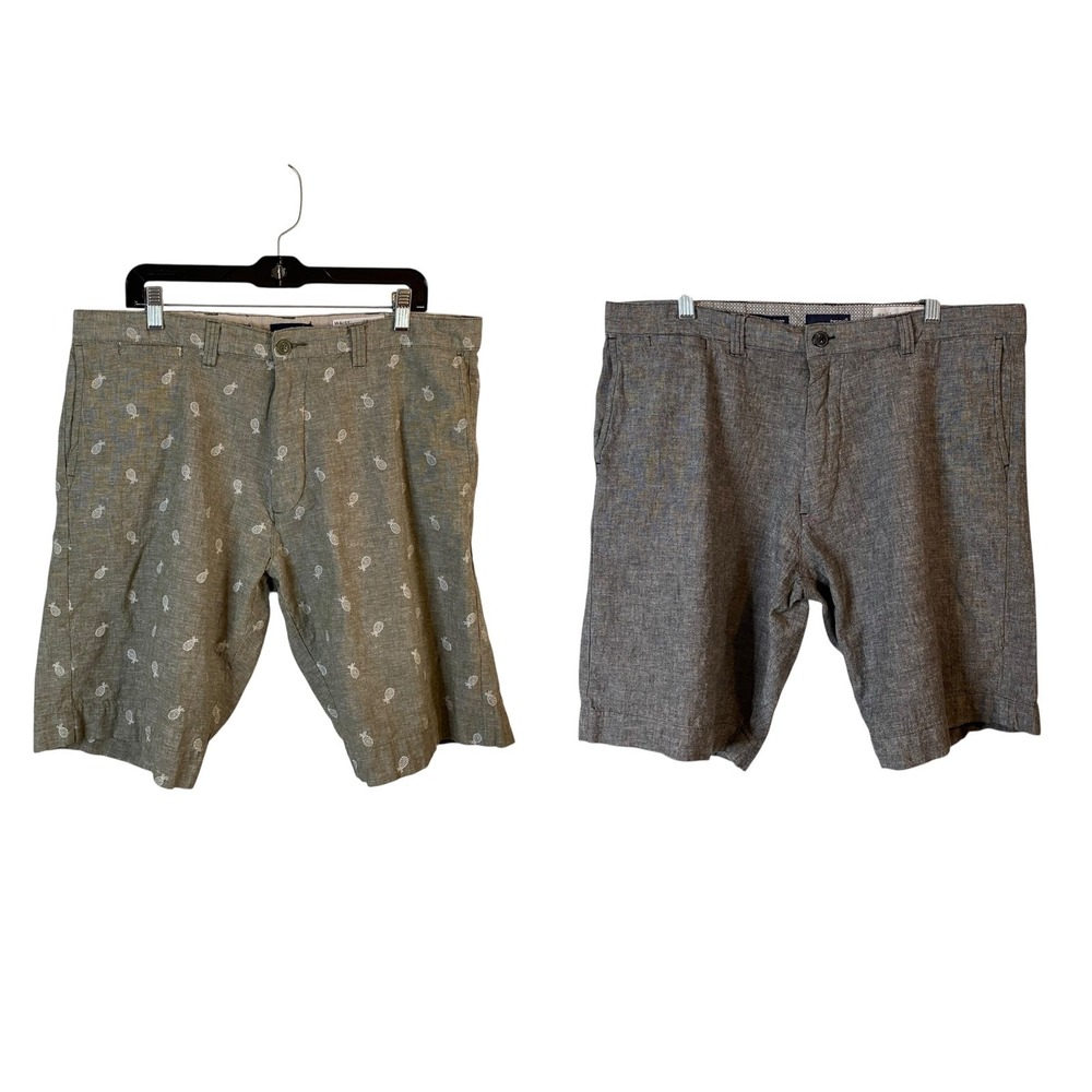 Lot of 2 Bruno Mens Washable Linen Shorts Grey Pineapple Print Classic 38W 11"